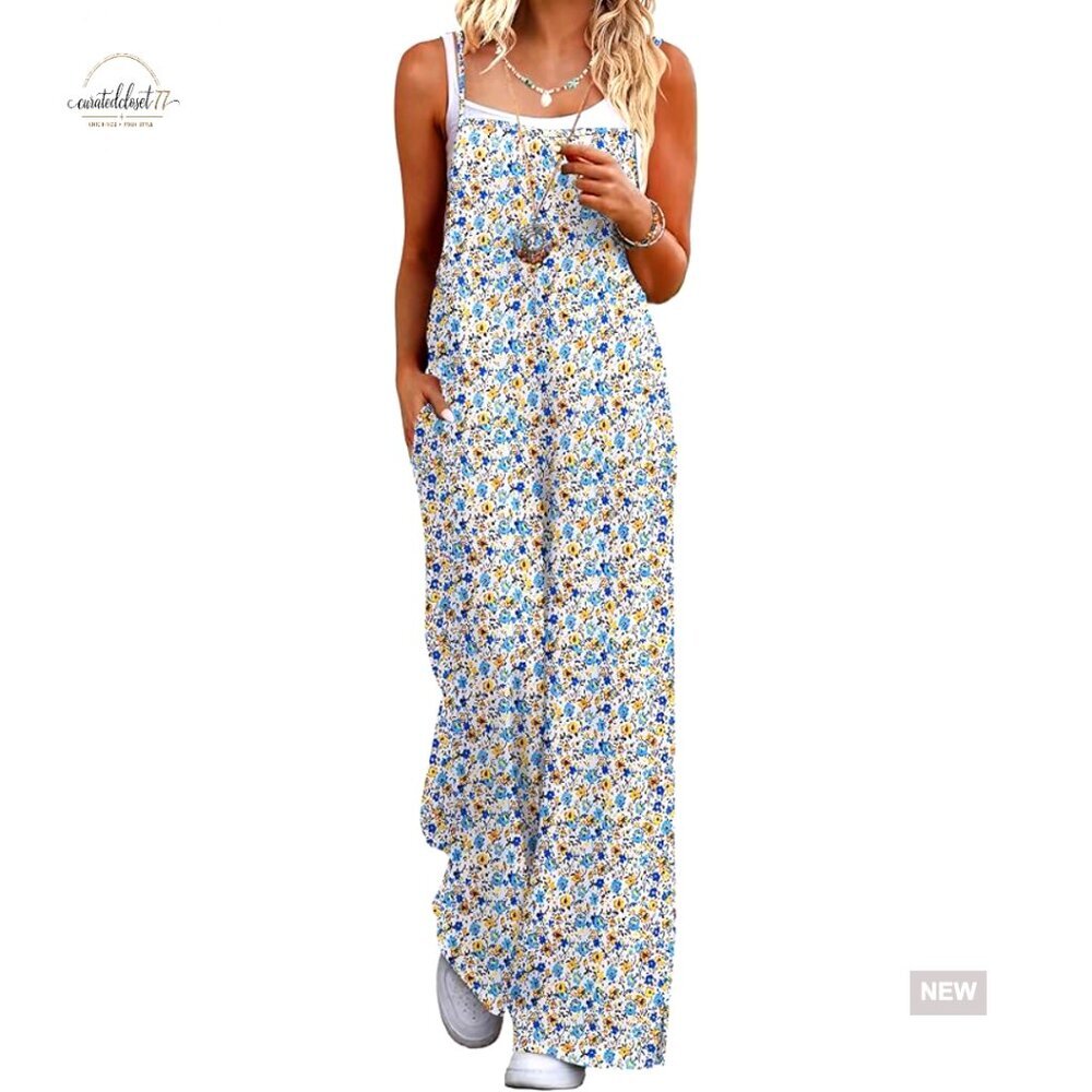 Sleeveless Jumpsuit Wide Leg Romper Summer Boho Floral Pockets